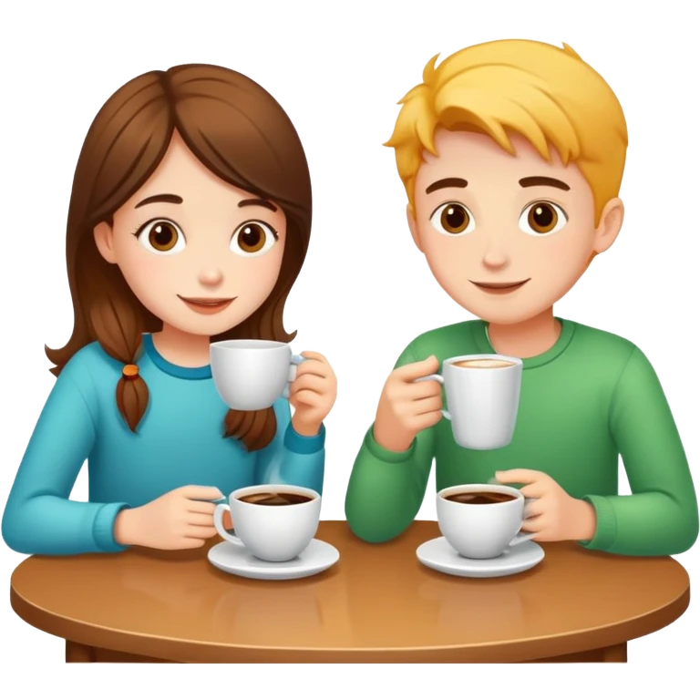 bright and cheerful boy and girl sitting at a table sipping coffee emoji