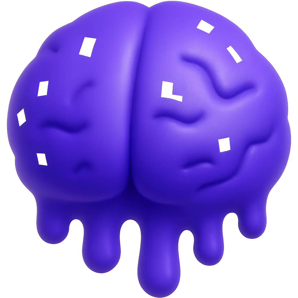 Make this 3D purple melting brain icon fully front facing (not isometric), keep pixel art accents and shiny look, with transparent background. emoji