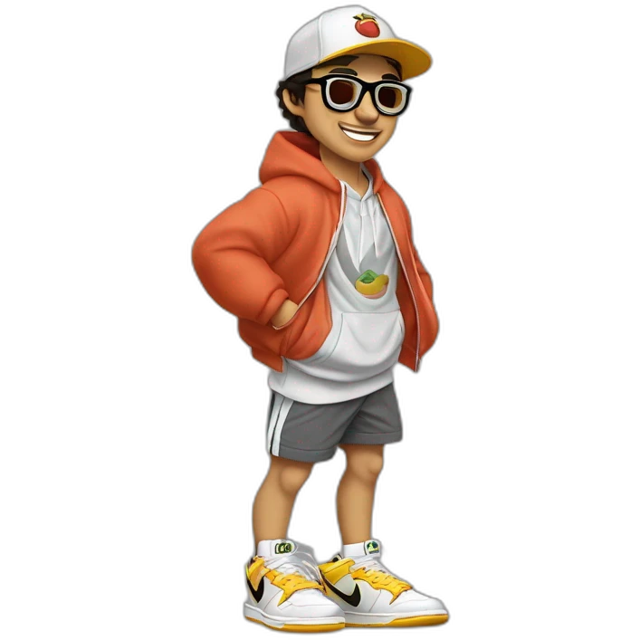 chico rubio  con lentes vestido con buzo y pantalone baggy y zapatillas nike dunk feliz cuerpo entero emoji