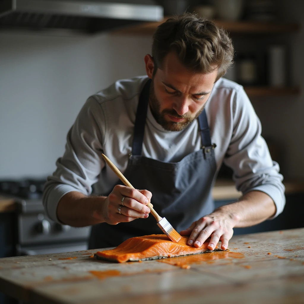 realistic 4K photo of a man in a kitchen brushing orange dye on a gray salmon piece, focused expression emoji