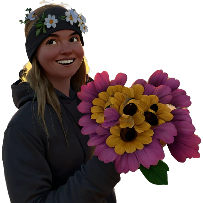 smiling girl with flower at sunset emoji