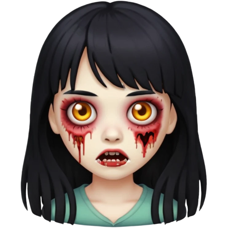 faça o emoji de uma menina zumbi de cabelos longos pretos com franja emoji