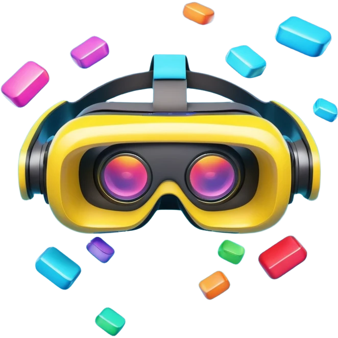 Show a VR headset or AR glasses, symbolizing the immersive experience. Include virtual objects or a 3D scene floating in the air in front of the headset. Use modern, tech-inspired colors. Do not include any emojis or smiley faces. Make the background transparent. emoji