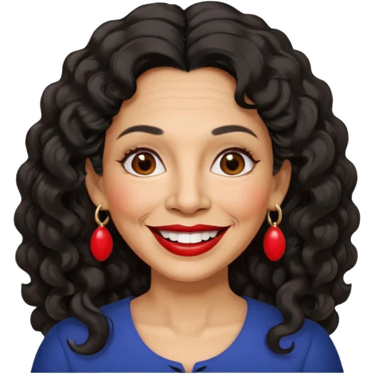 60 yr old peruvian woman, wavy/curly long black hair, red lipstick, big smile, white teeth, brown eyes, hoop earings, side part to hair, round face emoji