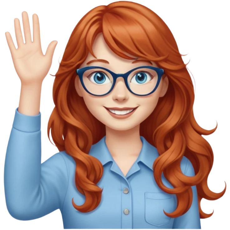 redheaded woman with very long wavy hair and bangs, blue eyes, clear cat-eye glasses, casual chic outfit, smiling, waving emoji