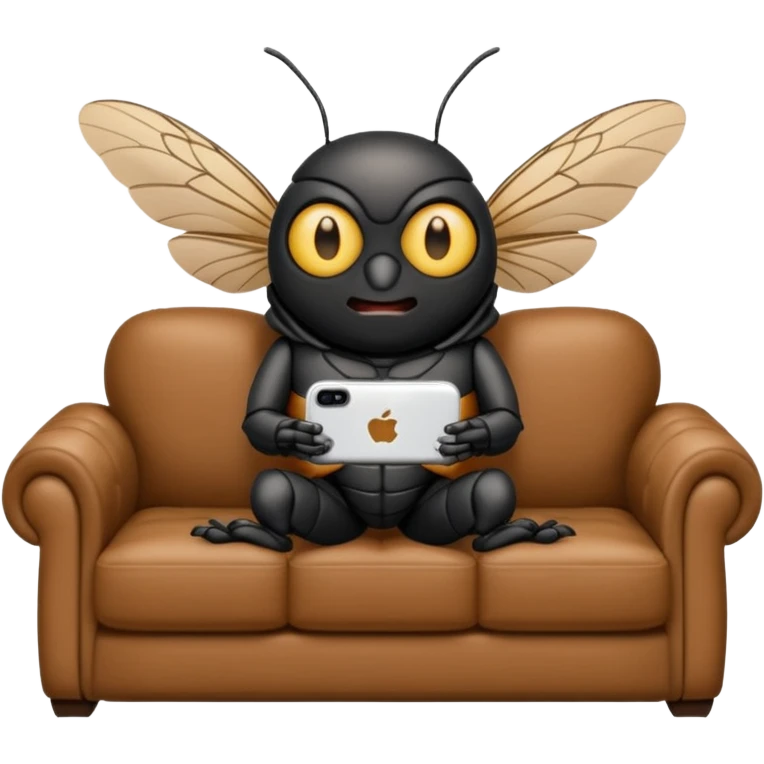 Black Cicada cartoon style watching on a phone sit on a brown sofa  emoji
