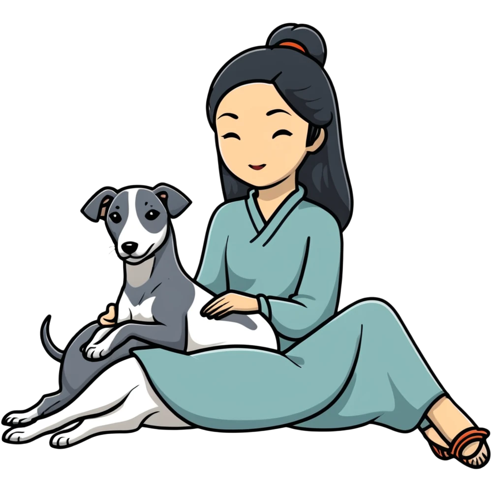 Very thin Chinese woman with long black hair relaxing in a luxurious hotel suite with exactly ONE whippet dog. EXTREME IMPORTANCE: the whippet must be ONE SOLID VERY DARK CHARCOAL GREY COLOR from nose to tail with ABSOLUTELY NO WHITE MARKINGS anywhere - NO white on face, NO white on muzzle, NO white on chest, NO white on paws, NO white on tail - NOTHING BUT A SINGLE SHADE OF VERY DARK GREY throughout the entire animal emoji