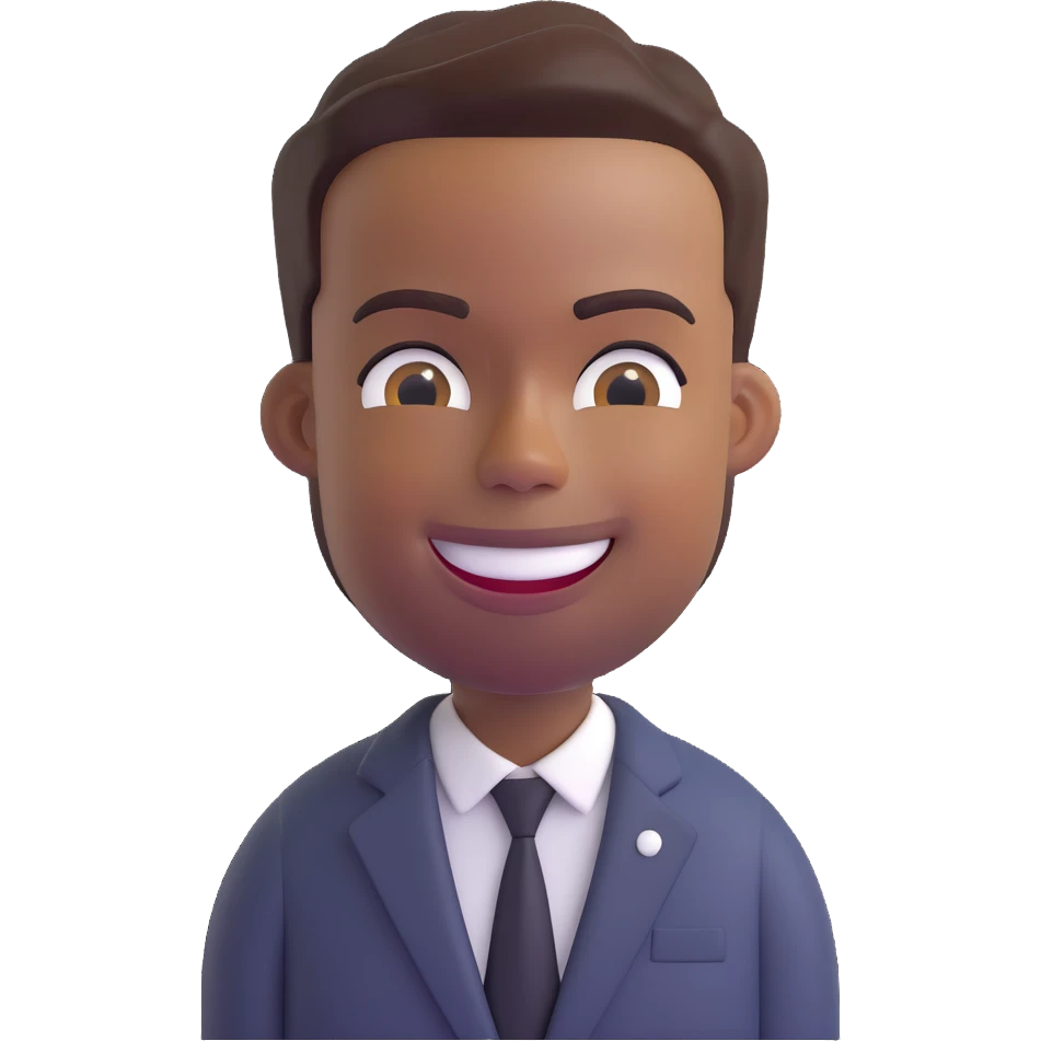 3D emoji of Chris Rock, smiling, expressive face, short hair, brown skin, wearing a suit, Microsoft 3D Fluent emojis style emoji