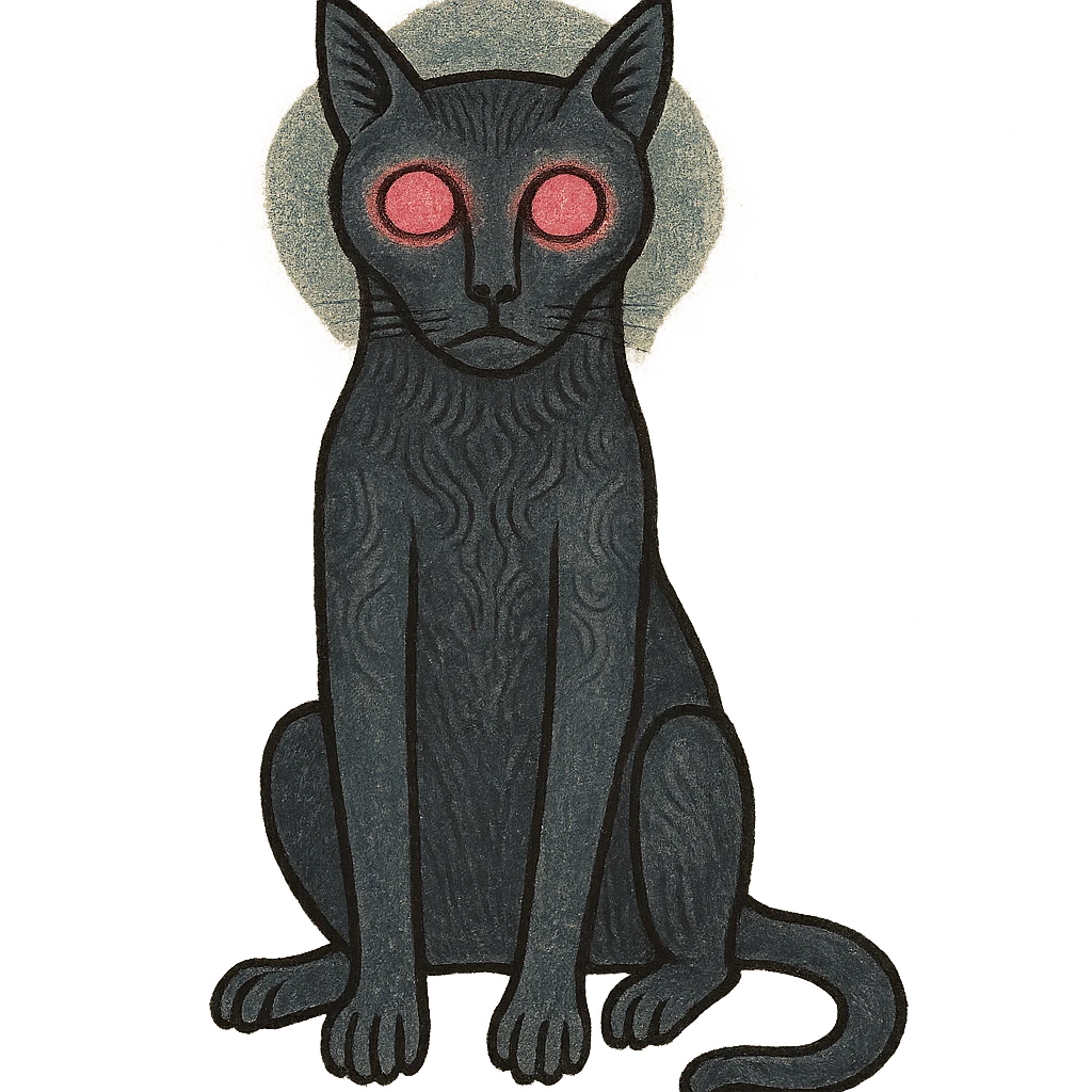 gothic black cat with glowing pink eyes, medieval art style emoji