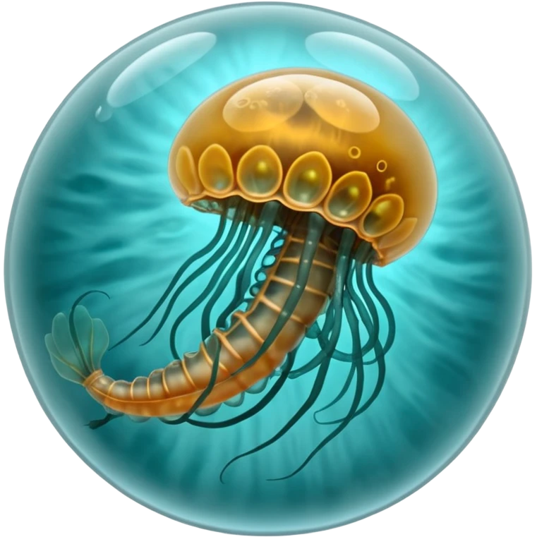 MRI parasitic embryo, digital, fetal small shape in otherworldly bubble, eerie, horror, pupa, crystalis, in-utero, sea-life, crustaceanoid, photorealismm siphonophore, polyp, Cnidaria emoji
