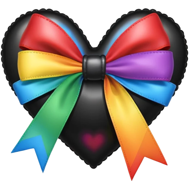 glossy stitched black heart with a rainbow bow and heart pattern on the bow emoji