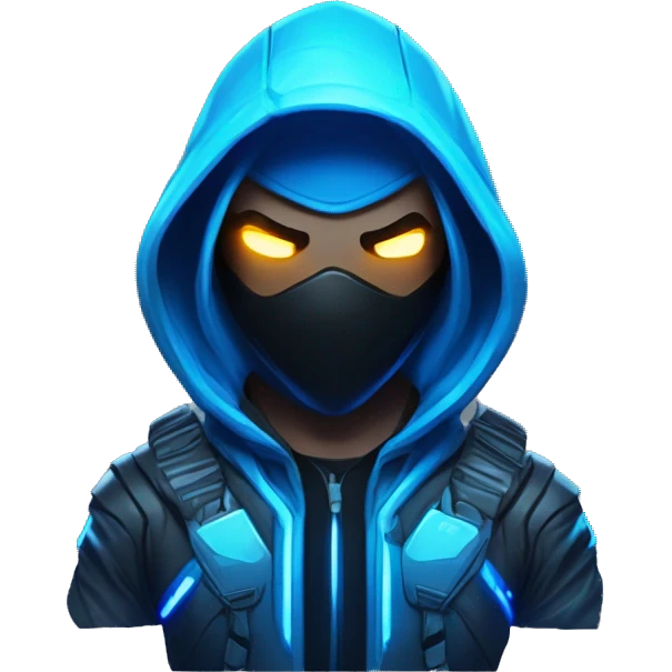 developer behind his laptop with this style : crysis Cyberpunk Riot Games Valorant neon glowing bright blue character blue black hooded assassin themed character emoji
