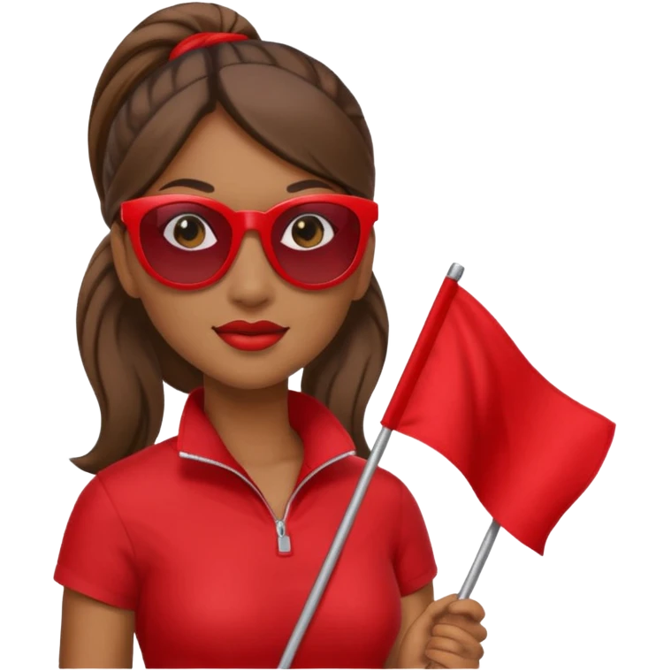 Una mujer morena con una coleta y gafas de sol y una bandera roja en la mano emoji