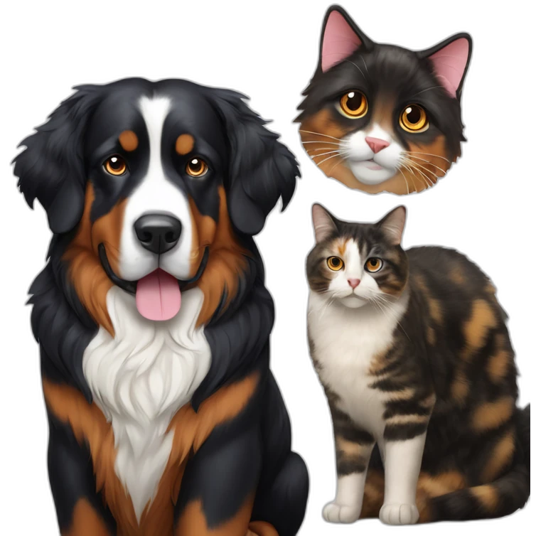 A Bernese dog next to A tortoiseshell cat without white emoji