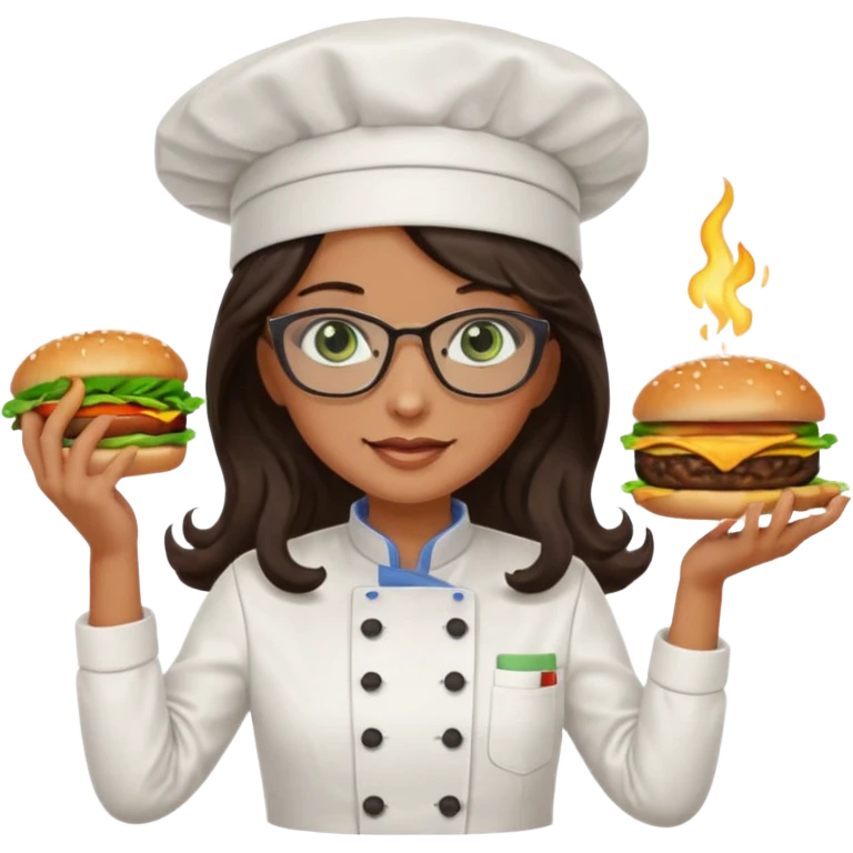 A female chef with glasses, dark brown long wavy hair, Green eyes and cooking a burger emoji