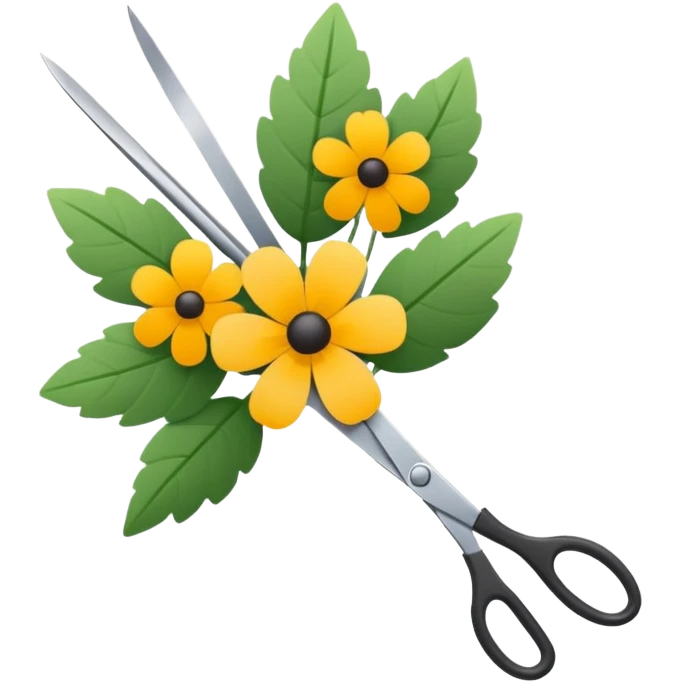Minimalistic flat vector icon, iOS style, thin black contour on white background. Flower bouquet with leaves and scissors. No text, no shadows. emoji