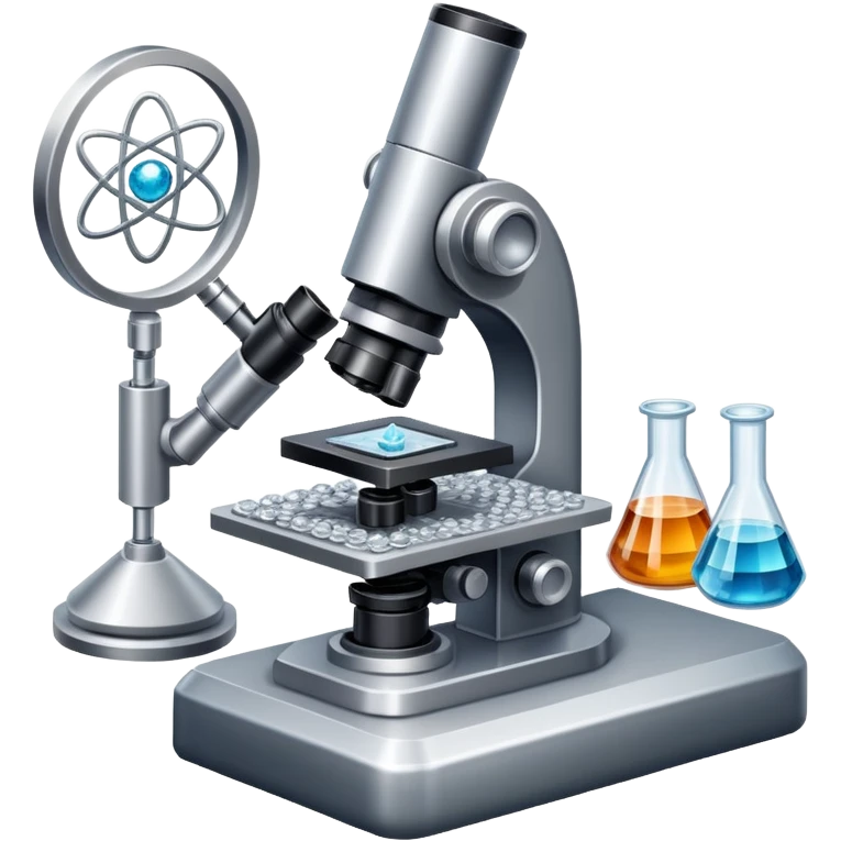 An icon featuring an electronic microscope, a metal alloy, atomic structure symbols, and a crystal structure, symbolizing materials science. The design includes different materials like metals, ceramics and polymers, alongside a stamp representing testing and quality control. Transparent background emoji