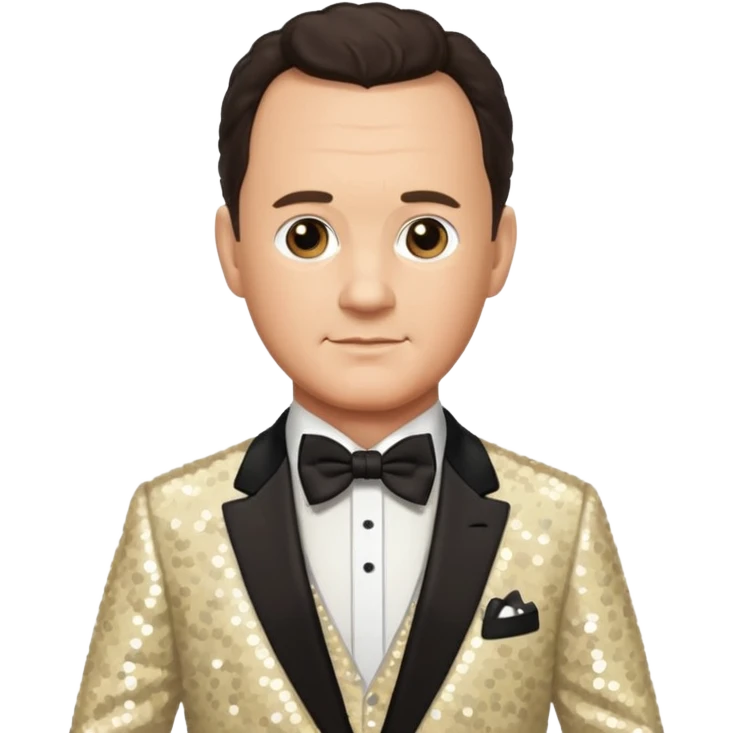 Tom Hanks with dark brown hair, cream sequin suit with bow tie emoji