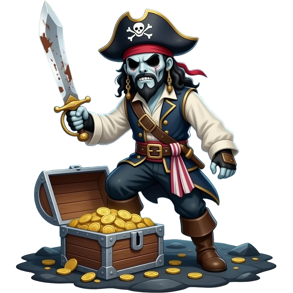 scary pirate with a sword standing over a treasure chest emoji