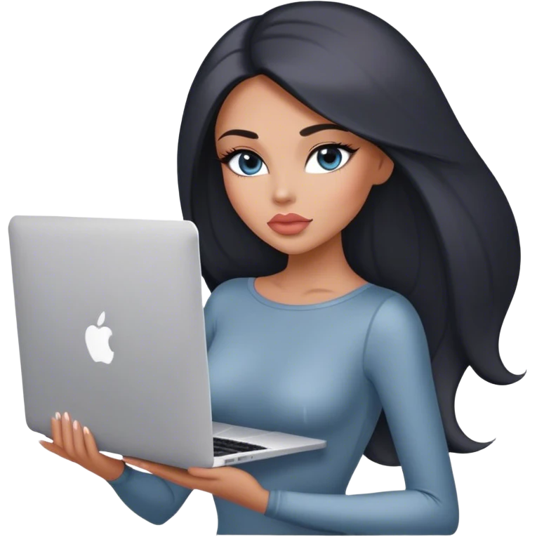 Glamours, tanned, very beautiful girl, with big pump peach-beige-rose lips, black straight smooth silky long hair, straight parting, blue-grey eyes, in grey bodysuit holding MacBook emoji