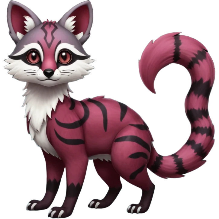 Rare realistic dark-burgundy grey black gradients lush tropical exotic cute epic pretty beautiful handsome gorgeous aesthetic colorful vibrant Vernid-Protogen-Primagen-Wickerbeast-Genet-Trico-species-Fakemon-hybrid-creature by LiLaiRa, beautiful intricate markings, full body emoji