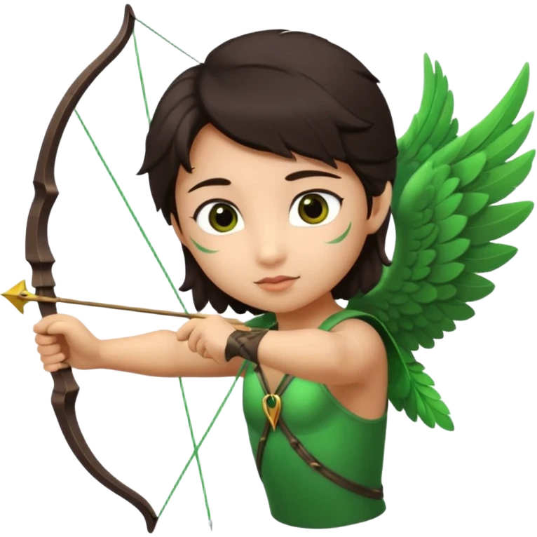 cupid flying with wings asian with brown eyes and dark hair handled bow and arrow directed to green emoji heart emoji