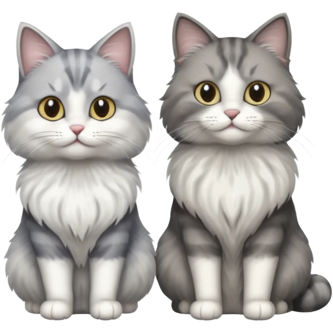 a realistic looking very fluffy grey and white cat sitting next to another cat emoji