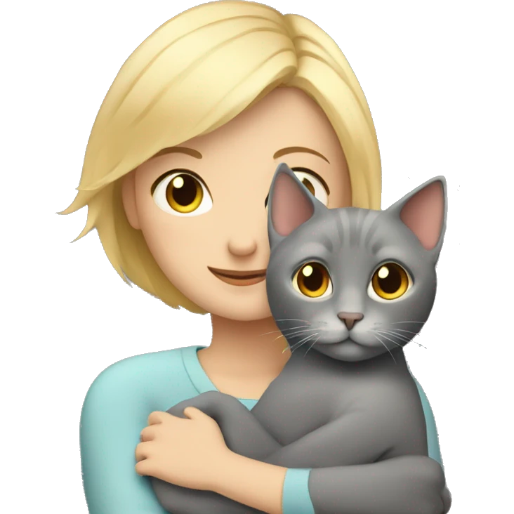 blonde girl with short hair hugs a gray fold-eared cat emoji
