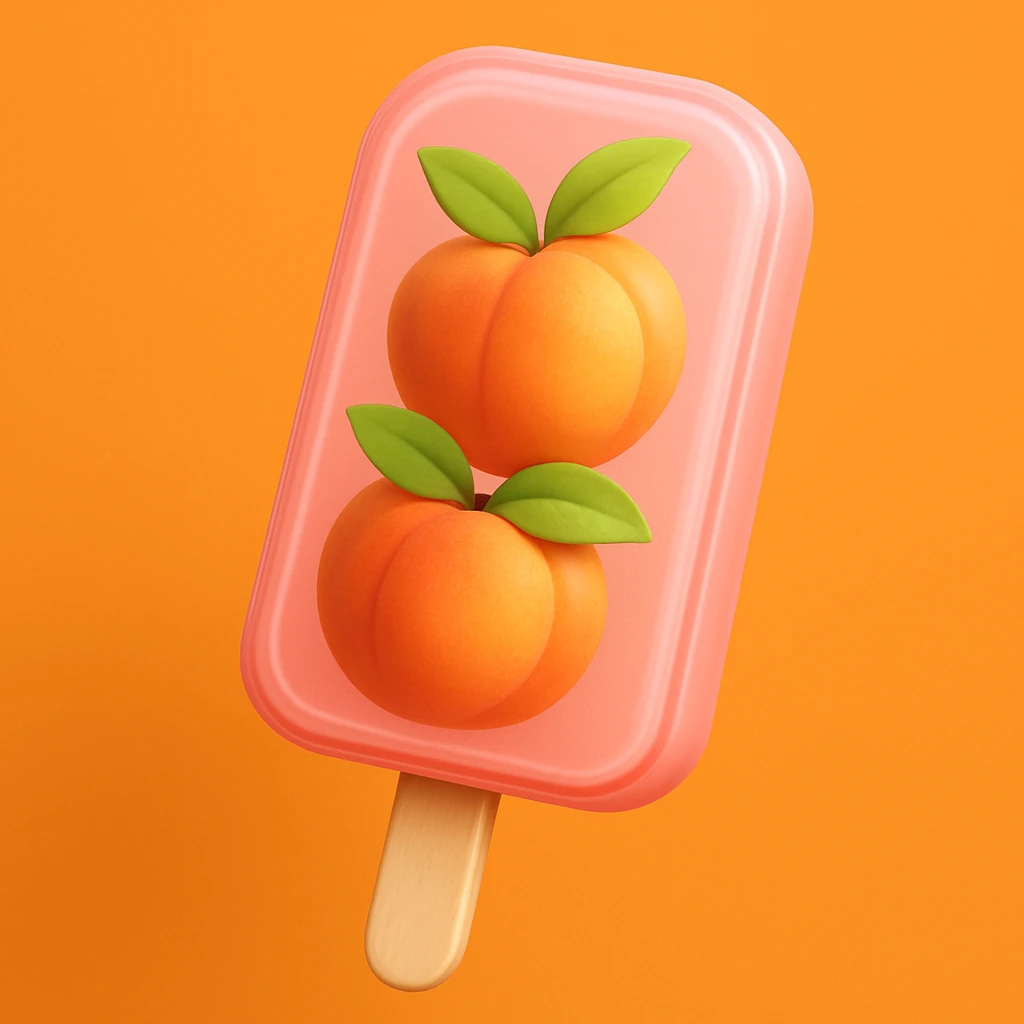 A peach-flavored popsicle with two peaches and green leaves inside, on a stick. The popsicle is light pink with a darker pink outline. The background is plain and orange. Make it look exactly like the reference image, but in the 3D iOS model. Make the popsicle more detailed. emoji