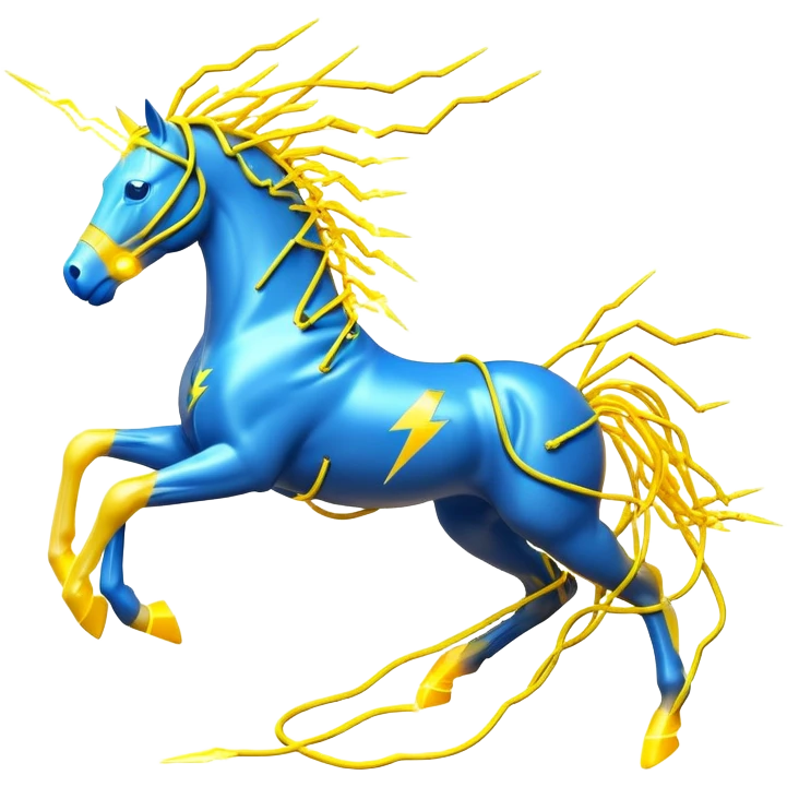 3D yellow electric horse made of lightning bolts, yellow electric wires, blue electricity sparks, dynamic running pose emoji