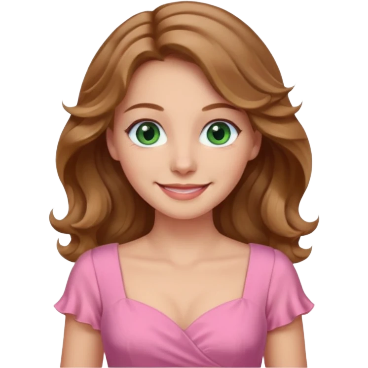 A woman has beige skin, wavy light brown hair, green-blu eyes, she wears pink dress  emoji