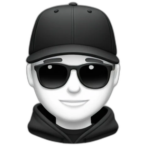 White Designer wearing flat bill hat and black hoodie emoji