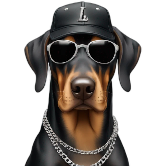 Dobermann dog wearing black Lois Vuitton sun glasses and a cap and a silver Cuban chain emoji