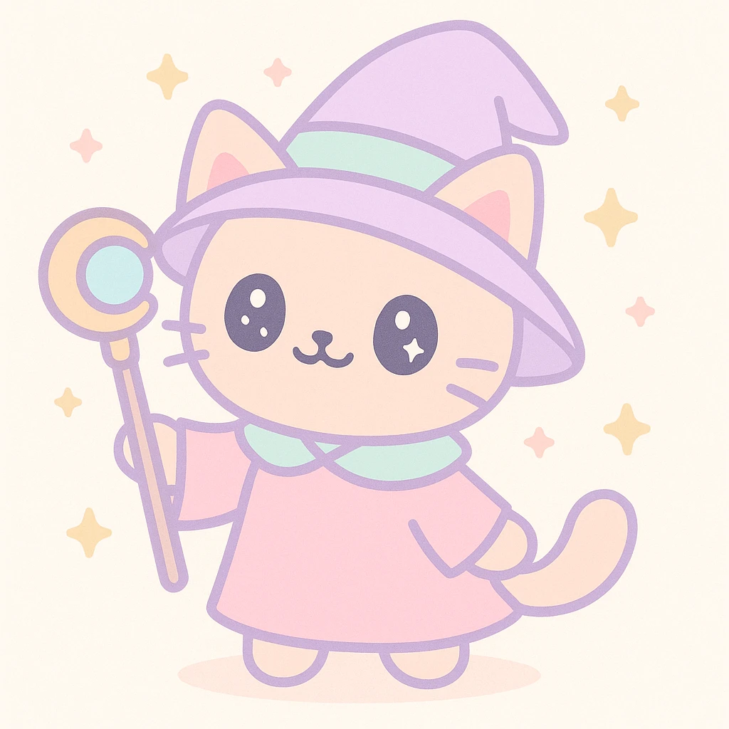 a wizard cat with a magic staff, cute cartoon style emoji