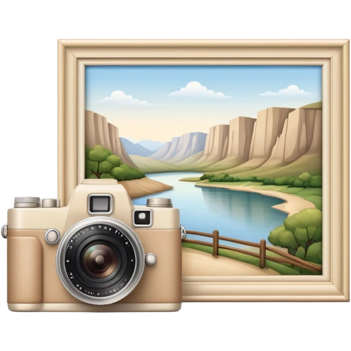 A beige camera and next to it a landscape photograph of the frame behind the camera emoji