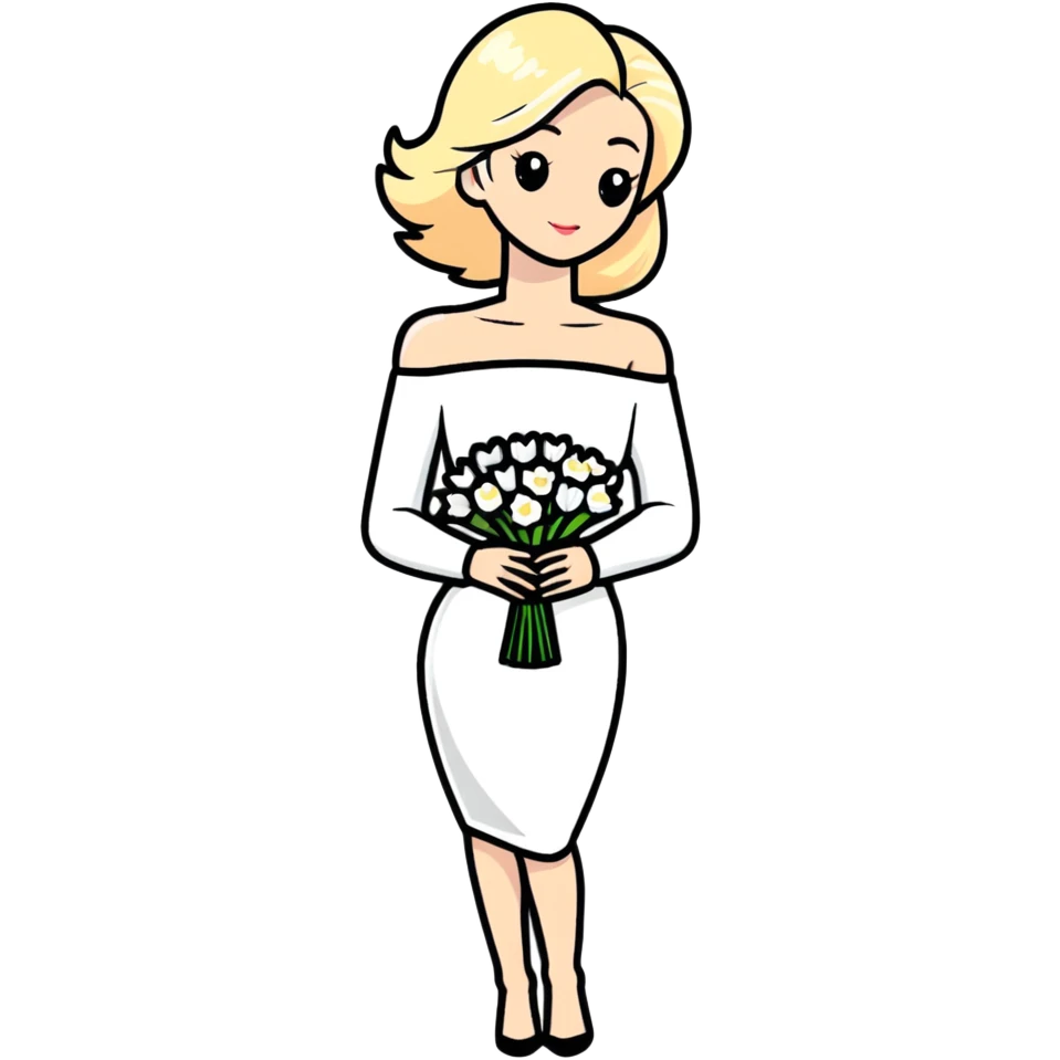 blonde woman in a white off-shoulder dress with long sleeves and a bouquet of white flowers in a white bag in her right hand emoji