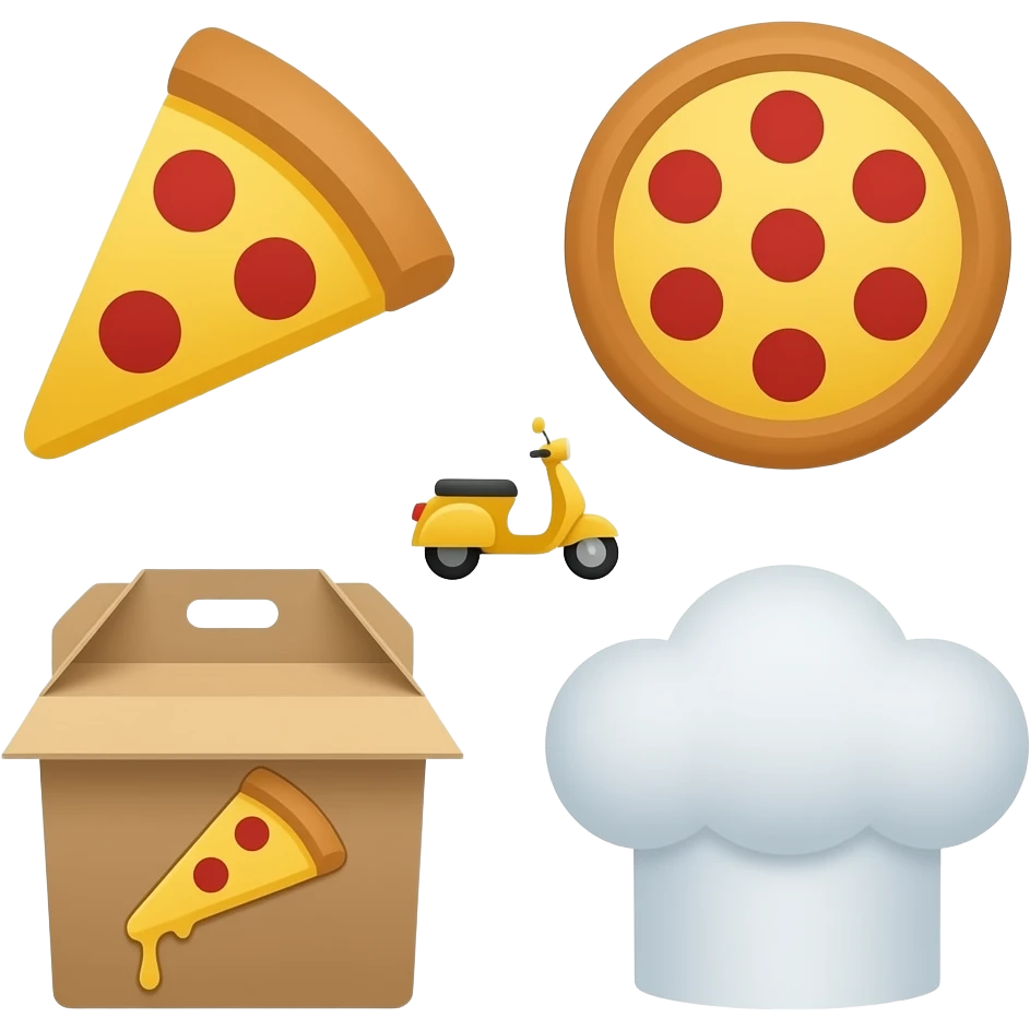 Minimalist pizza restaurant icon pack, set of 6 icons: pizza slice, whole pizza, delivery scooter, pizza box, chef hat, takeaway coffee cup. Clean geometric shapes, simple flat design, soft rounded corners, minimal details. Limited color palette emoji