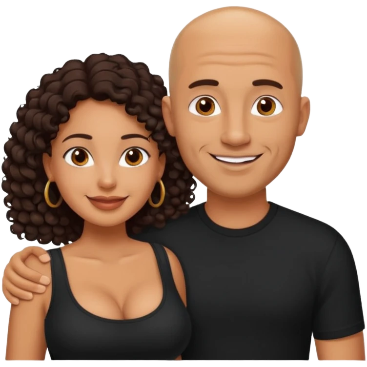A picture of a happy tanned couple. the man is a Mexican man with tanned skin, a bald hair cut, short beard and wearing a black shirt. the woman is mixed, with long curly dark brown hair and with big boobs  emoji