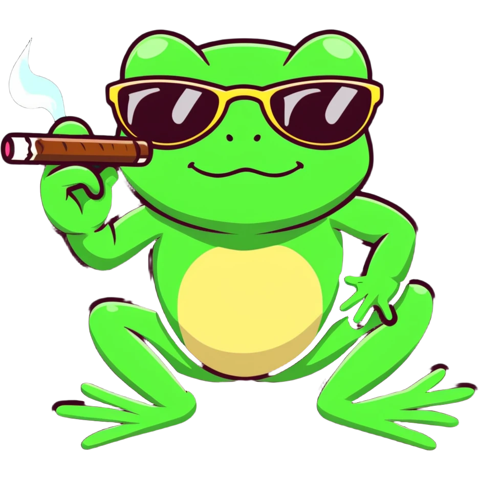 frog leaping, wearing ray bans, satisfied expression, smoking a cigar emoji