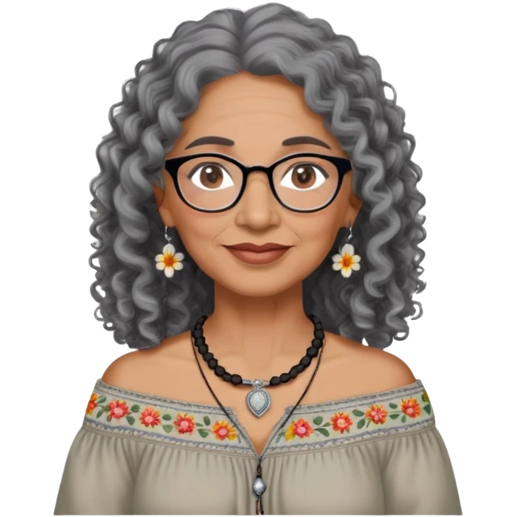 Latina woman, about 55 years old, dark warm brown skin, round soft face, long curly black and gray hair, no headband, medium eyes, thin eyebrows, gentle smile, delicate eyeglasses, gray peasant blouse with embroidery, bare shoulders, large dark necklace emoji