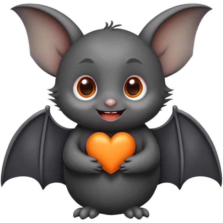 A cute little emoji featuring an adorable bat with big round eyes and a soft smile. The bat is holding an orange heart between its small folded wings. Its fur is dark gray or black with slightly pointy, expressive ears. The image should be cute and simple, with a clean, emoji-like style. emoji