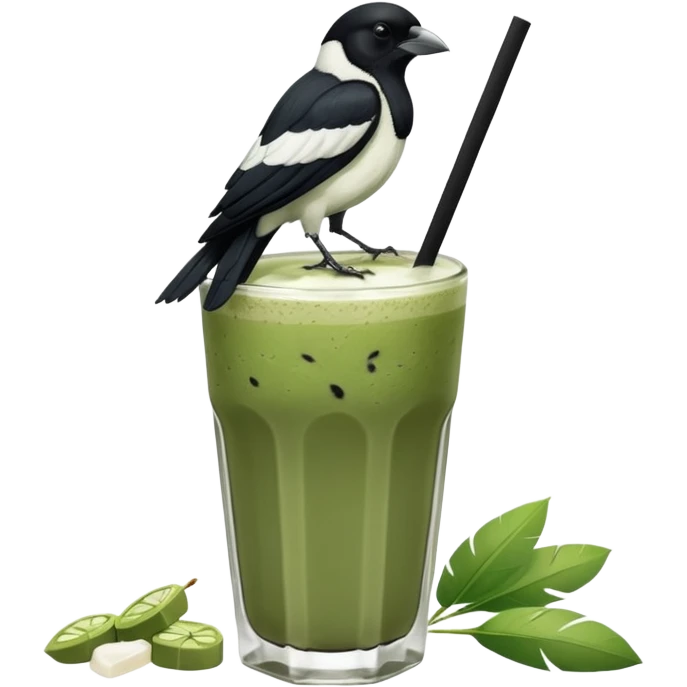 It’s an Australien Magpie (just black and white feathers) sitting on an iced matcha latte on the edge of the glass. It has green matcha on its beak indicating it drank. The iced matxha latte is in a see through glass and white from the oat milk on the bottom and green on top… one straw and ice cubes emoji