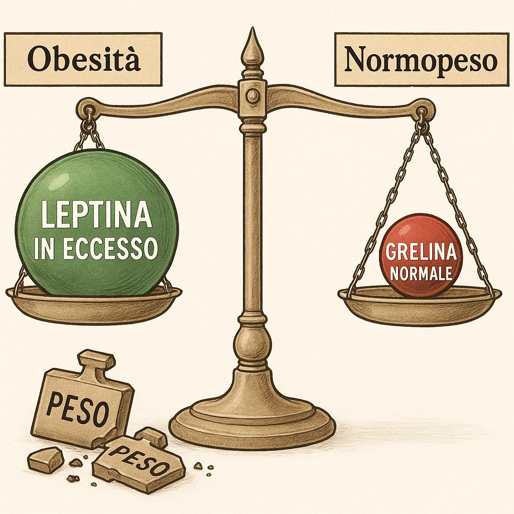 Diagramma endocrinologico in italiano: bilancia con leptina (verde) e grelina (rossa). Lato obeso: etichetta 'Obesità', leptina in eccesso, bilancia bloccata, pesi rotti con la scritta 'Peso' sparsi a terra. Lato normopeso: etichetta 'Normopeso', equilibrio perfetto, grelina normale. Tutte le scritte interne sono in italiano. Illustrazione clinica, chiara, dettagliata, 4K. Style: endocrinologico, medical illustration, clear and detailed. emoji