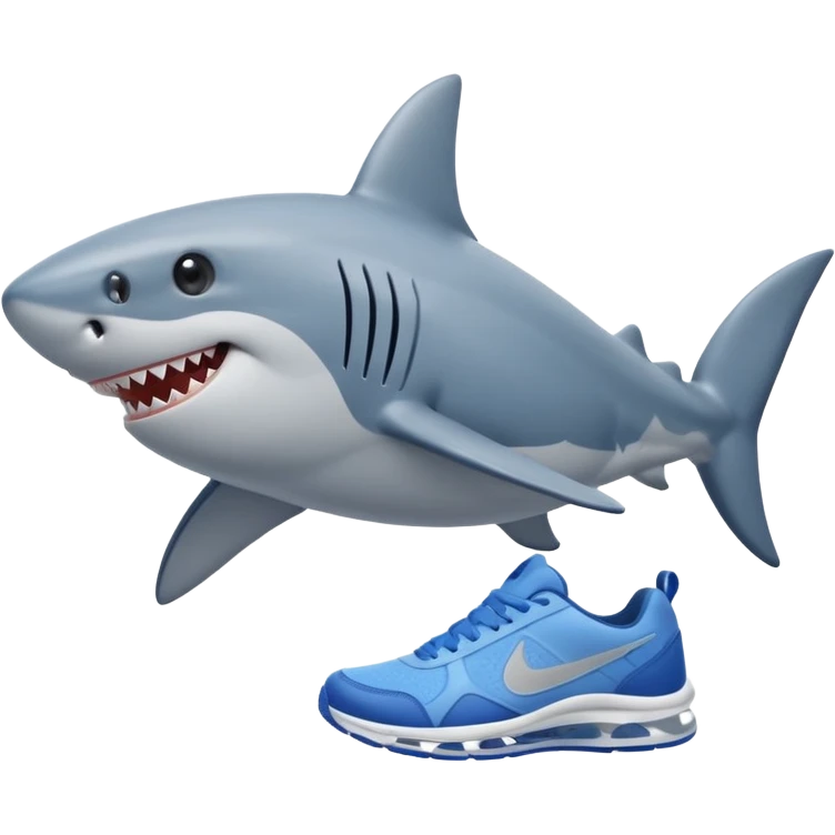 playful shark with two tiny legs, sideways, grinning, wearing blue Nike sneakers emoji