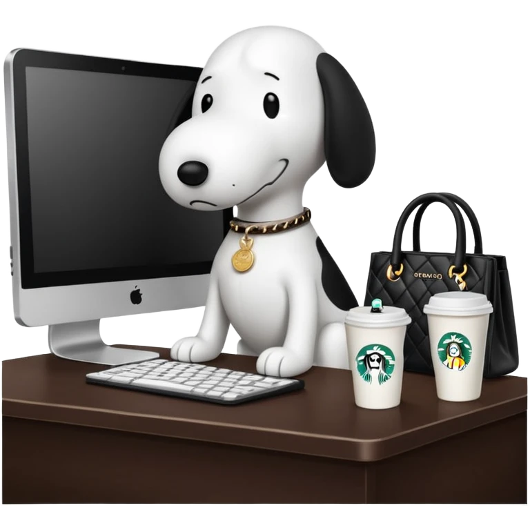 snoopy in a desk with starbucks and his chanel purse emoji