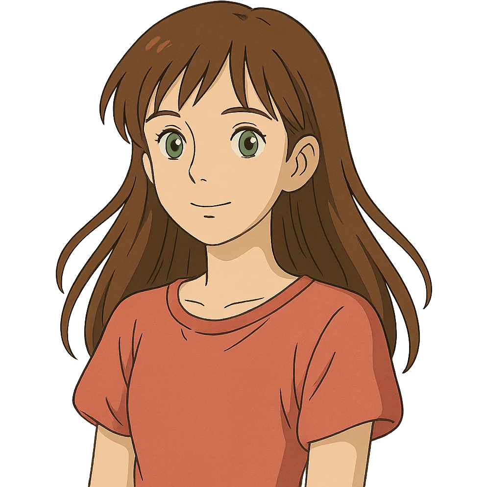 ghibli style illustration of a 17-year-old girl with green eyes, light skin, and long brown hair emoji