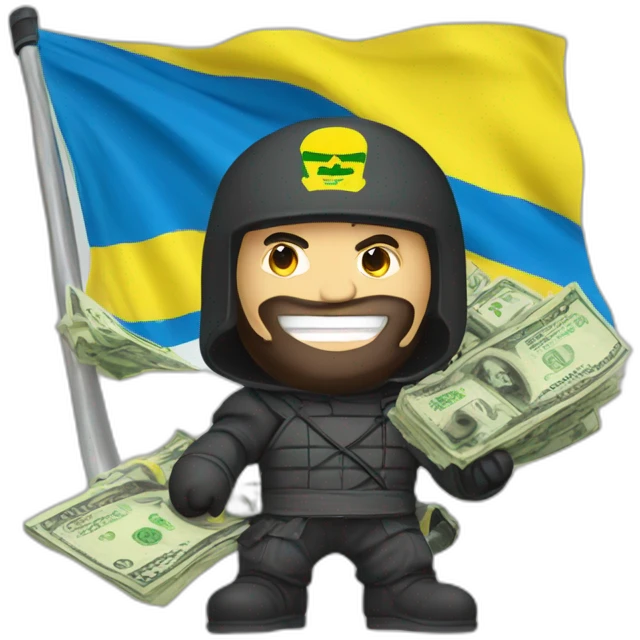 Che A man in a ninja suit with an inscription with cam surrounded by money and with the flag of Ukraine emoji
