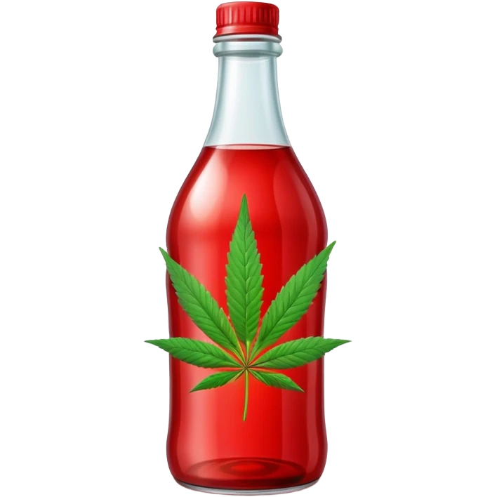 Red curved soda bottle with a cannabis leaf emoji