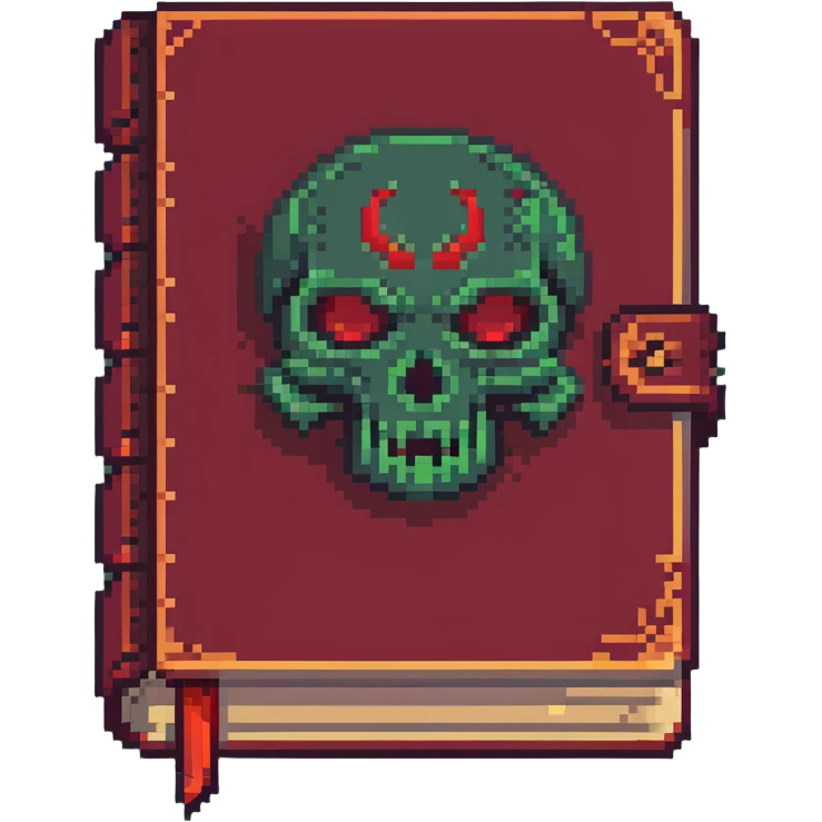 ancient red spellbook with ominous face on cover in pixel art style emoji