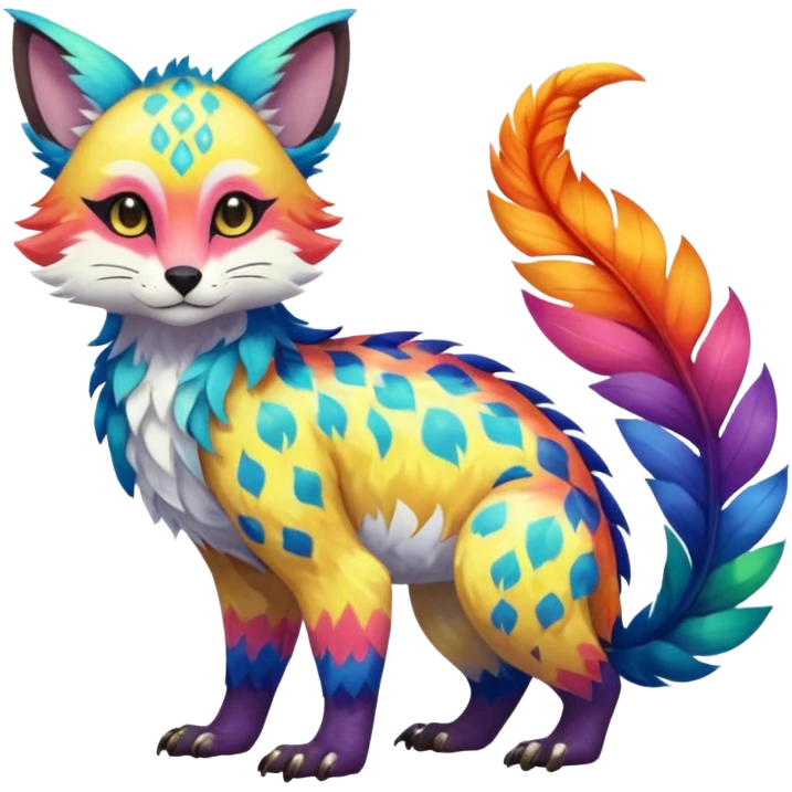 Colorful tropical exotic shiny beautiful fantasy-Trico-Cacomistle-oncilla-animal-Fakémon-hybrid-fursona (full body) emoji